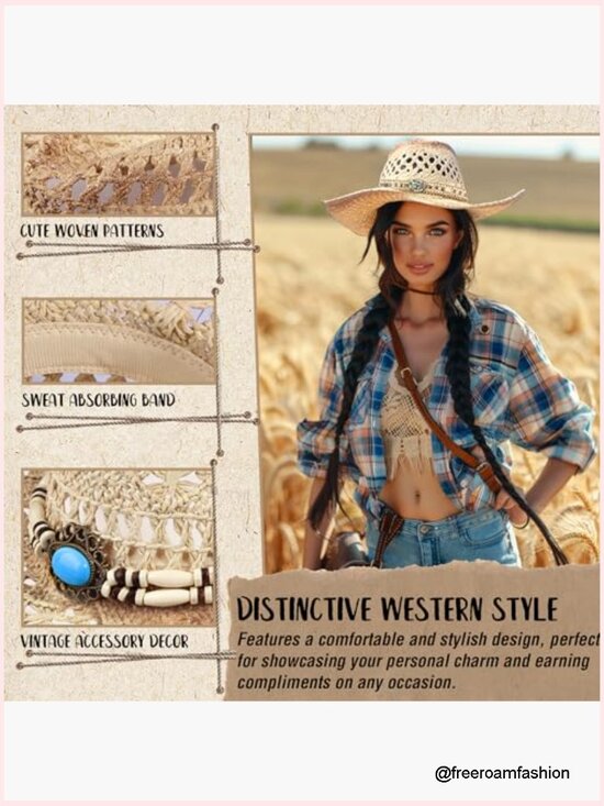 Straw Cowboy Hat Wide Brim, Adjustable, with 4 Decorative Bands, Unisex, main image 7